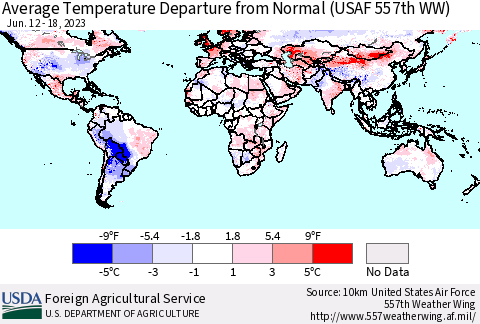 World Average Temperature Departure from Normal (USAF 557th WW) Thematic Map For 6/12/2023 - 6/18/2023