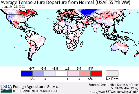 World Average Temperature Departure from Normal (USAF 557th WW) Thematic Map For 6/19/2023 - 6/25/2023
