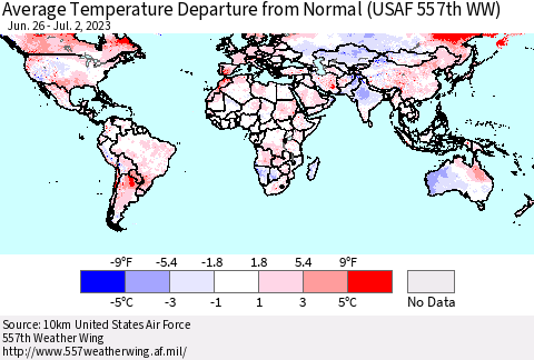 World Average Temperature Departure from Normal (USAF 557th WW) Thematic Map For 6/26/2023 - 7/2/2023