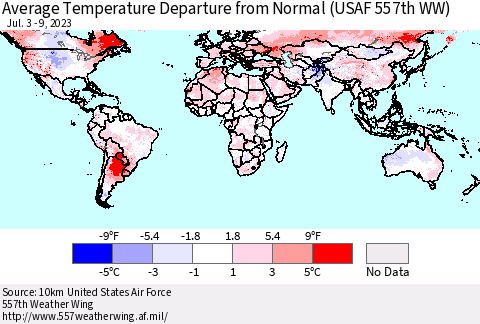 World Average Temperature Departure from Normal (USAF 557th WW) Thematic Map For 7/3/2023 - 7/9/2023