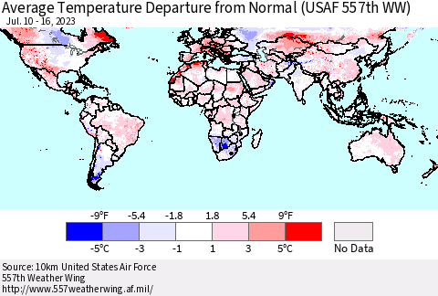 World Average Temperature Departure from Normal (USAF 557th WW) Thematic Map For 7/10/2023 - 7/16/2023