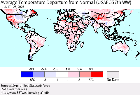 World Average Temperature Departure from Normal (USAF 557th WW) Thematic Map For 7/17/2023 - 7/23/2023