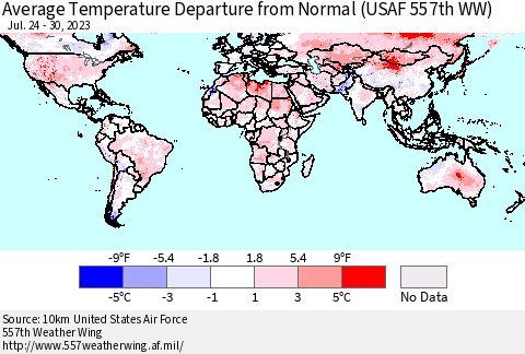 World Average Temperature Departure from Normal (USAF 557th WW) Thematic Map For 7/24/2023 - 7/30/2023