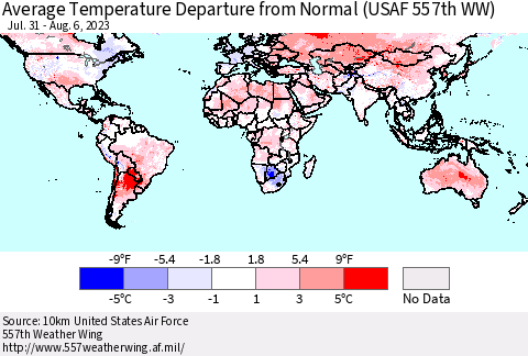 World Average Temperature Departure from Normal (USAF 557th WW) Thematic Map For 7/31/2023 - 8/6/2023