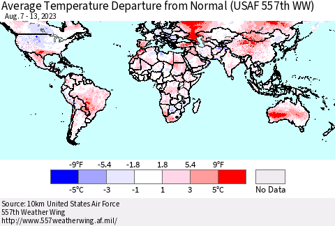 World Average Temperature Departure from Normal (USAF 557th WW) Thematic Map For 8/7/2023 - 8/13/2023