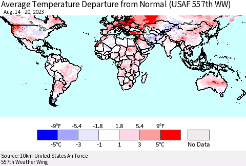 World Average Temperature Departure from Normal (USAF 557th WW) Thematic Map For 8/14/2023 - 8/20/2023
