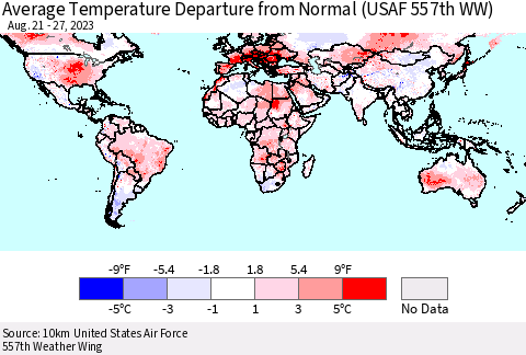 World Average Temperature Departure from Normal (USAF 557th WW) Thematic Map For 8/21/2023 - 8/27/2023