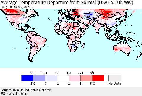 World Average Temperature Departure from Normal (USAF 557th WW) Thematic Map For 8/28/2023 - 9/3/2023