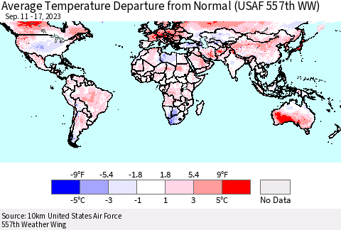 World Average Temperature Departure from Normal (USAF 557th WW) Thematic Map For 9/11/2023 - 9/17/2023