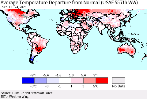World Average Temperature Departure from Normal (USAF 557th WW) Thematic Map For 9/18/2023 - 9/24/2023