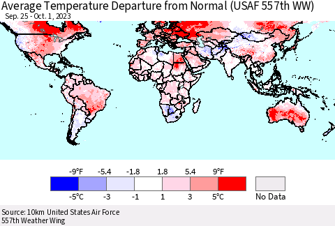 World Average Temperature Departure from Normal (USAF 557th WW) Thematic Map For 9/25/2023 - 10/1/2023