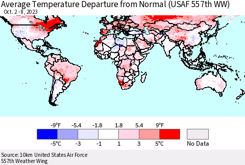 World Average Temperature Departure from Normal (USAF 557th WW) Thematic Map For 10/2/2023 - 10/8/2023