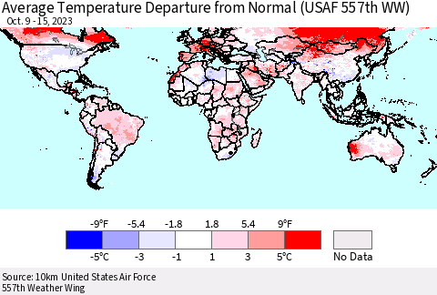 World Average Temperature Departure from Normal (USAF 557th WW) Thematic Map For 10/9/2023 - 10/15/2023