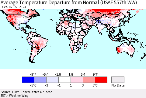 World Average Temperature Departure from Normal (USAF 557th WW) Thematic Map For 10/16/2023 - 10/22/2023