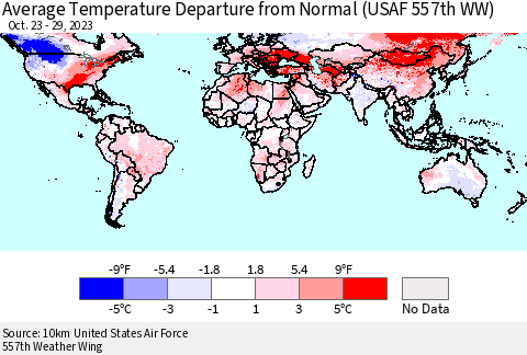 World Average Temperature Departure from Normal (USAF 557th WW) Thematic Map For 10/23/2023 - 10/29/2023