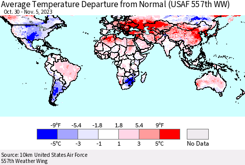 World Average Temperature Departure from Normal (USAF 557th WW) Thematic Map For 10/30/2023 - 11/5/2023