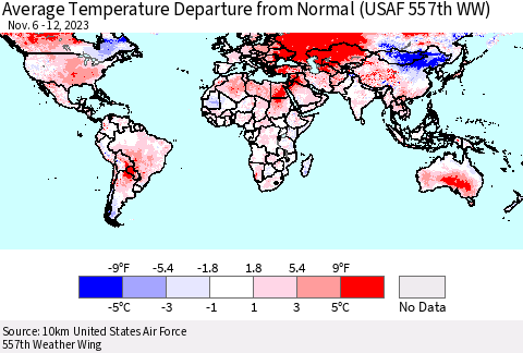 World Average Temperature Departure from Normal (USAF 557th WW) Thematic Map For 11/6/2023 - 11/12/2023