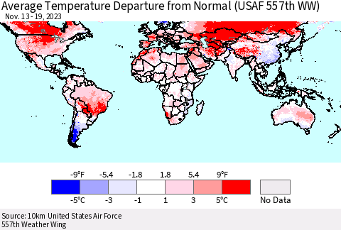 World Average Temperature Departure from Normal (USAF 557th WW) Thematic Map For 11/13/2023 - 11/19/2023