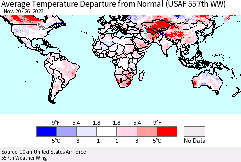 World Average Temperature Departure from Normal (USAF 557th WW) Thematic Map For 11/20/2023 - 11/26/2023