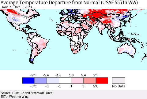 World Average Temperature Departure from Normal (USAF 557th WW) Thematic Map For 11/27/2023 - 12/3/2023