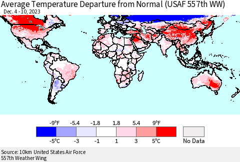 World Average Temperature Departure from Normal (USAF 557th WW) Thematic Map For 12/4/2023 - 12/10/2023