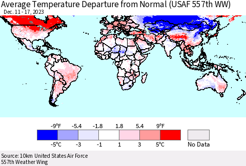 World Average Temperature Departure from Normal (USAF 557th WW) Thematic Map For 12/11/2023 - 12/17/2023