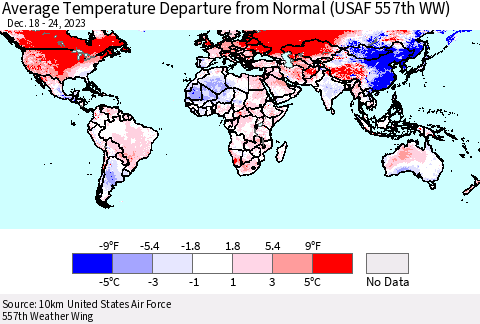 World Average Temperature Departure from Normal (USAF 557th WW) Thematic Map For 12/18/2023 - 12/24/2023