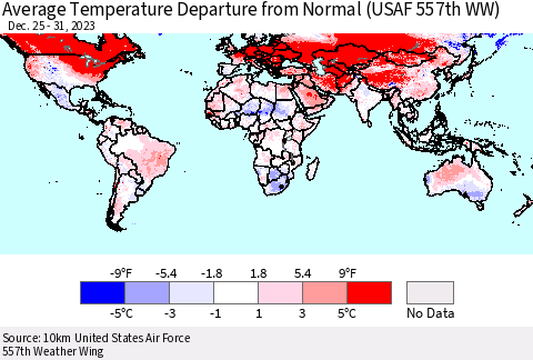 World Average Temperature Departure from Normal (USAF 557th WW) Thematic Map For 12/25/2023 - 12/31/2023