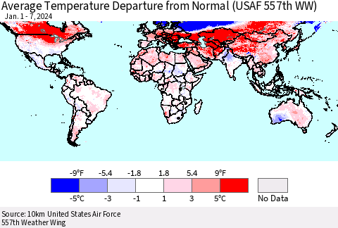 World Average Temperature Departure from Normal (USAF 557th WW) Thematic Map For 1/1/2024 - 1/7/2024