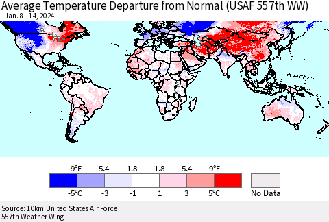 World Average Temperature Departure from Normal (USAF 557th WW) Thematic Map For 1/8/2024 - 1/14/2024