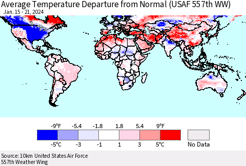 World Average Temperature Departure from Normal (USAF 557th WW) Thematic Map For 1/15/2024 - 1/21/2024