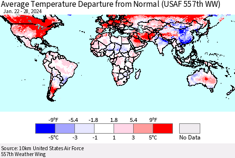 World Average Temperature Departure from Normal (USAF 557th WW) Thematic Map For 1/22/2024 - 1/28/2024