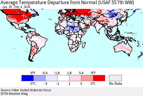 World Average Temperature Departure from Normal (USAF 557th WW) Thematic Map For 1/29/2024 - 2/4/2024