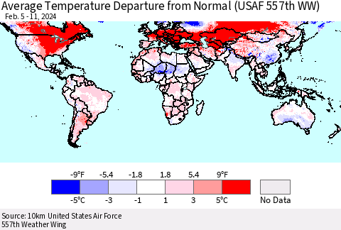 World Average Temperature Departure from Normal (USAF 557th WW) Thematic Map For 2/5/2024 - 2/11/2024