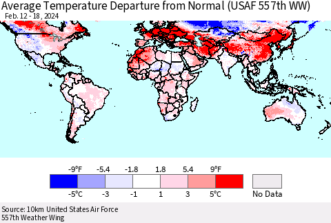World Average Temperature Departure from Normal (USAF 557th WW) Thematic Map For 2/12/2024 - 2/18/2024