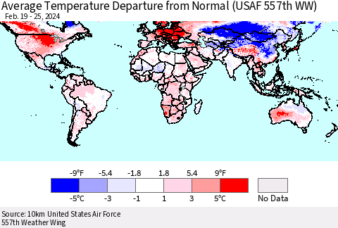World Average Temperature Departure from Normal (USAF 557th WW) Thematic Map For 2/19/2024 - 2/25/2024