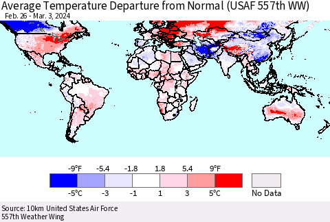 World Average Temperature Departure from Normal (USAF 557th WW) Thematic Map For 2/26/2024 - 3/3/2024
