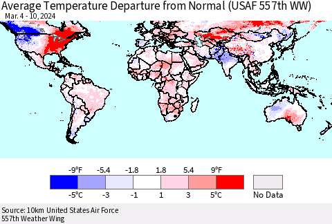 World Average Temperature Departure from Normal (USAF 557th WW) Thematic Map For 3/4/2024 - 3/10/2024