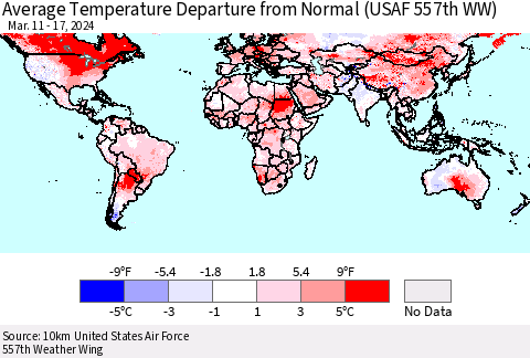 World Average Temperature Departure from Normal (USAF 557th WW) Thematic Map For 3/11/2024 - 3/17/2024