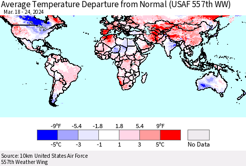 World Average Temperature Departure from Normal (USAF 557th WW) Thematic Map For 3/18/2024 - 3/24/2024