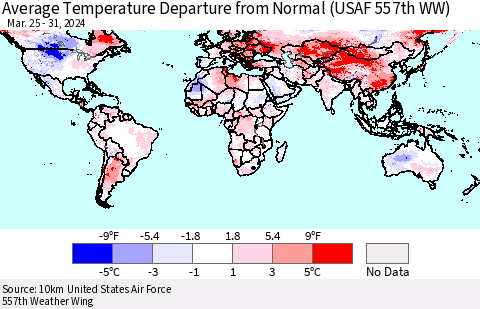World Average Temperature Departure from Normal (USAF 557th WW) Thematic Map For 3/25/2024 - 3/31/2024