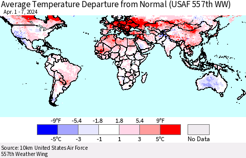 World Average Temperature Departure from Normal (USAF 557th WW) Thematic Map For 4/1/2024 - 4/7/2024