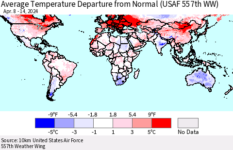 World Average Temperature Departure from Normal (USAF 557th WW) Thematic Map For 4/8/2024 - 4/14/2024