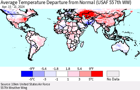 World Average Temperature Departure from Normal (USAF 557th WW) Thematic Map For 4/15/2024 - 4/21/2024