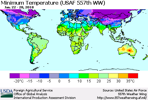 World Mean Minimum Temperature (USAF 557th WW) Thematic Map For 1/22/2018 - 1/28/2018