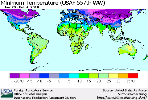 World Mean Minimum Temperature (USAF 557th WW) Thematic Map For 1/29/2018 - 2/4/2018
