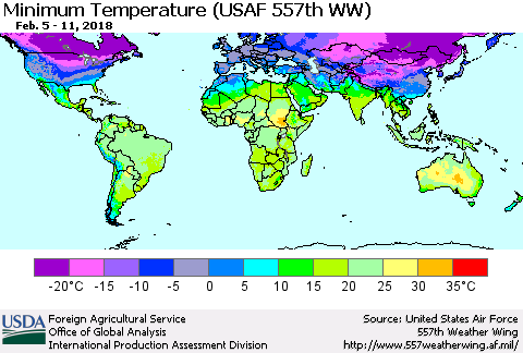 World Mean Minimum Temperature (USAF 557th WW) Thematic Map For 2/5/2018 - 2/11/2018