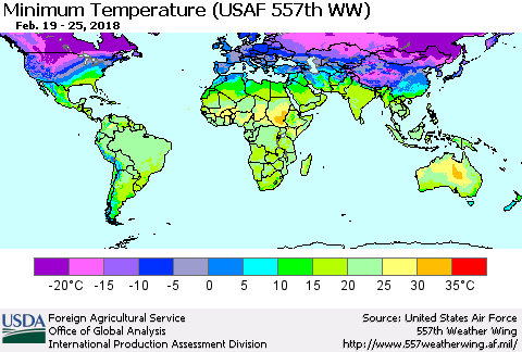 World Mean Minimum Temperature (USAF 557th WW) Thematic Map For 2/19/2018 - 2/25/2018