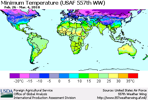 World Mean Minimum Temperature (USAF 557th WW) Thematic Map For 2/26/2018 - 3/4/2018
