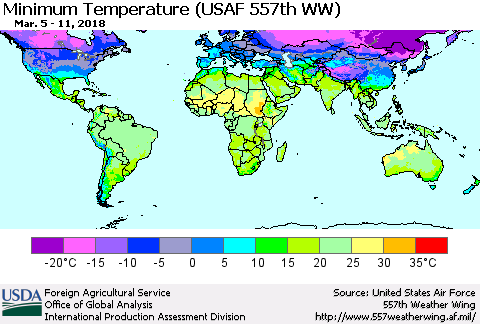 World Mean Minimum Temperature (USAF 557th WW) Thematic Map For 3/5/2018 - 3/11/2018
